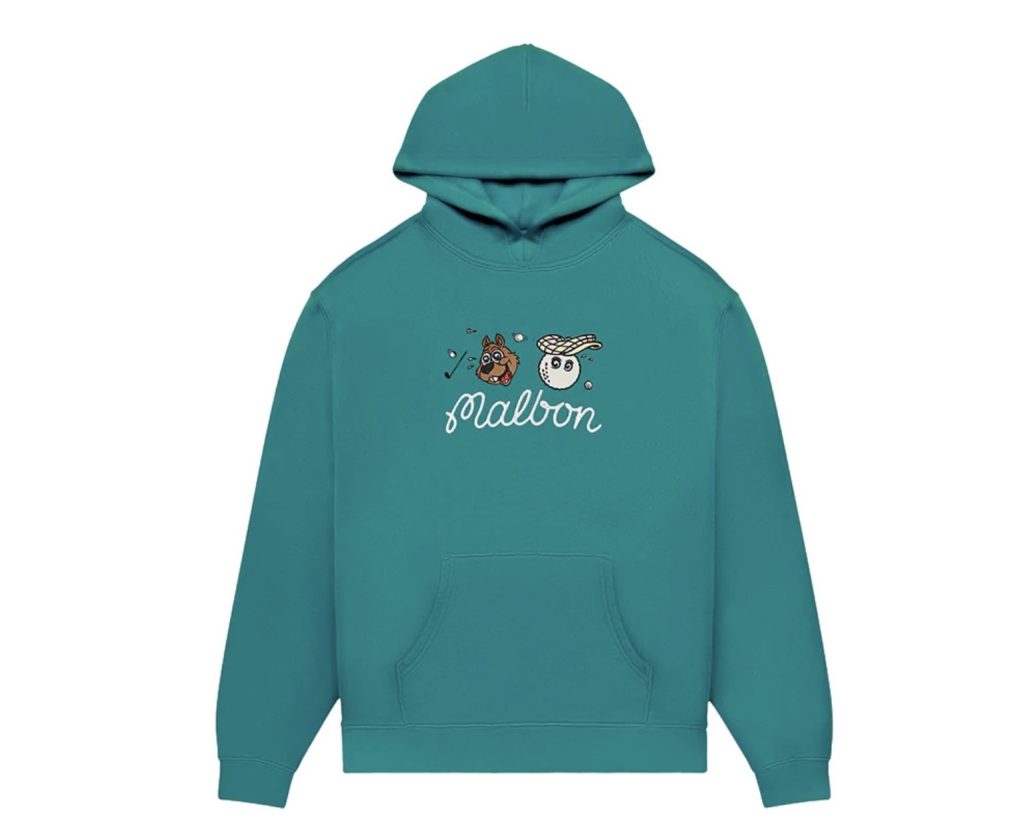 Two Man Scramble Hoodie in blue green colorway, featuring embroidered logo, drawstring hood, and kangaroo pocket on front